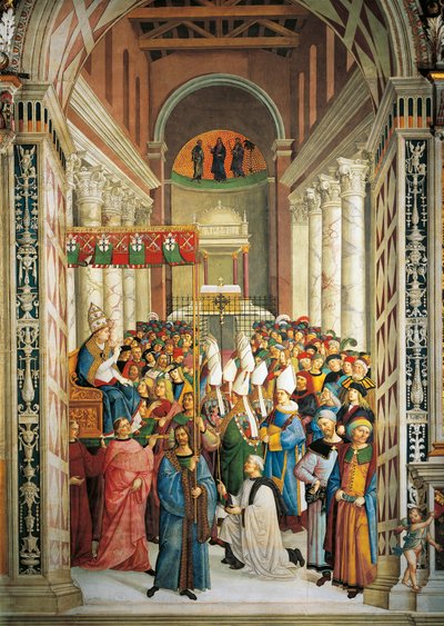 Italia, Siena, katedralen, Piccolomini-biblioteket, kroningen av pave Pius II, detalj fra Historier om Pius II av Bernardino di Betto Pinturicchio