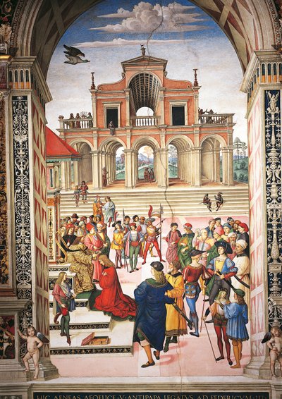 Italia, Siena, katedralen, Piccolomini-biblioteket, Enea Silvio Piccolomini blir gjort til poetprisvinner av keiser Frederick III, detalj fra Stories of Pius II av Bernardino di Betto Pinturicchio