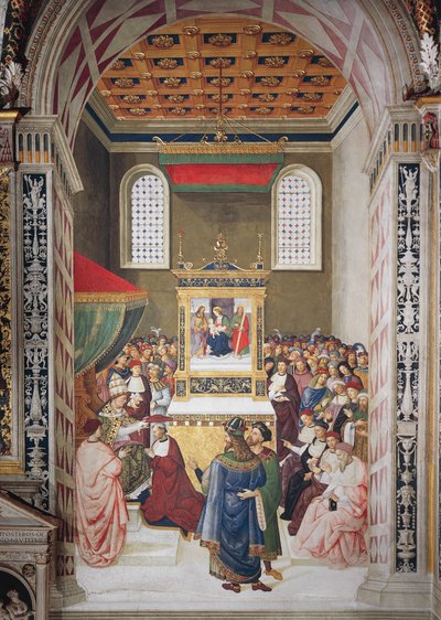 Italia, Siena, katedralen, Piccolomini-biblioteket, Enea Silvio Piccolomini mottar kardinalhatt fra Calixtus III, detalj fra Stories of Pius II av Bernardino di Betto Pinturicchio