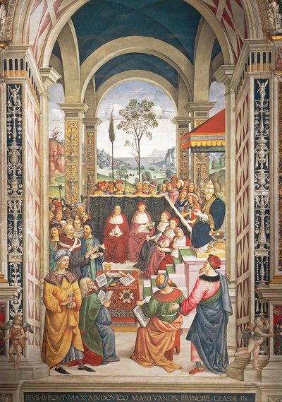 Italia, Siena, katedralen, Piccolomini-biblioteket, Pius II samlet i Mantova for diett organisert for å planlegge korstog mot tyrkere, detalj av Stories of Pius II av Bernardino di Betto Pinturicchio