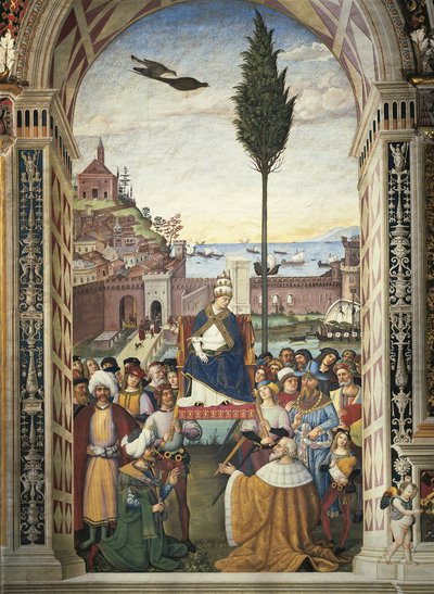 Italia, Siena, katedralen, Piccolomini-biblioteket, Historier om Pius II: Pius II ankommer Ancona for å fremskynde korstoget av Bernardino di Betto Pinturicchio