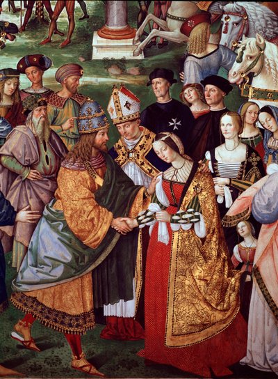 Poeten Enee Silvio Piccolomini presenterer Eleonore av Portugal til keiser Frederic III av Det hellige rike ved Camollia-porten. Detalj av livet til pave Pius II (Fresco av Bernardino di Betto Pinturicchio
