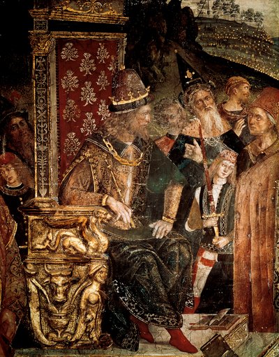 Den hellige Katarina av Alexandrias tvist med filosofer før den romerske keiseren Maximian Hercules, detalj av Cesare Borgia av Bernardino di Betto Pinturicchio