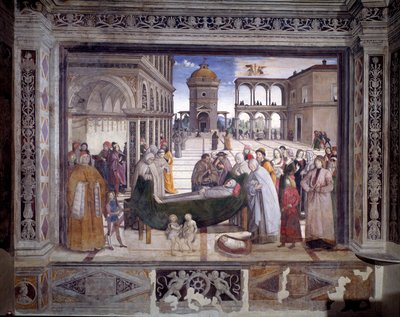 Historien om St. Bernardin, helgenens død (Fresco, ca. 1486) av Bernardino di Betto Pinturicchio
