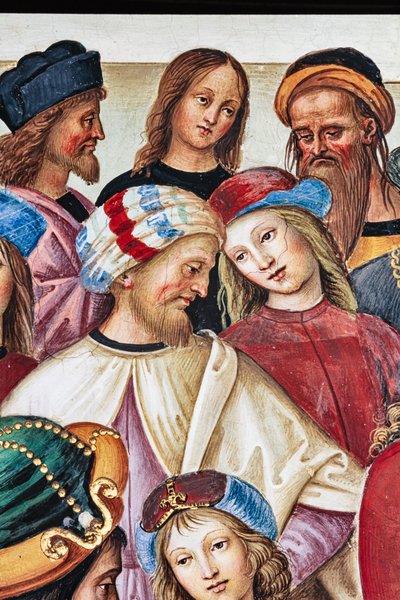 Piccolomini-biblioteket, nordøstveggen: "Aeneas Sylvius holder en tale foran kong James I av Skottland, vinteren 1435" av Bernardino di Betto Pinturicchio