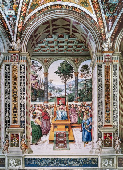 Piccolomini-biblioteket, nordøstveggen: "Aeneas Sylvius holder en tale foran kong James I av Skottland, vinteren 1435" av Bernardino di Betto Pinturicchio