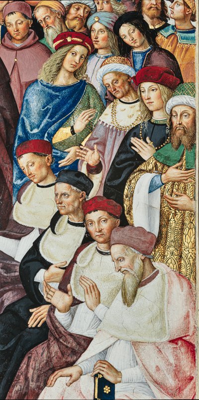 Piccolomini-biblioteket, sørøstveggen: «Aeneas Sylvius mottar kardinalens hatt fra pave Calixtus III, 17. desember av Bernardino di Betto Pinturicchio