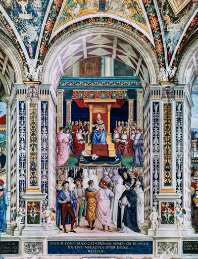 Piccolomini-biblioteket, sørvestveggen: “ Pius II kanoniserer St. Katarina av Siena, 29. juni av Bernardino di Betto Pinturicchio