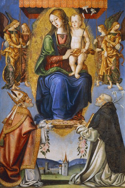 Madonna og barn med St Severino og Dominic (tempera på lerret) av Bernardino di Mariotto