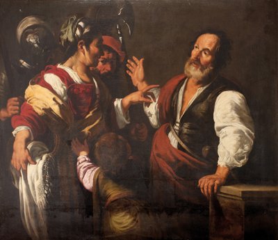 The Denial of Saint Peter (olje på lerret) av Bernardo (follower of) Strozzi