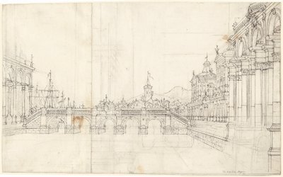 En Capriccio av palasser og en loggia som vender mot en klassisk bro av Bernardo Bellotto