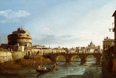 En utsikt over Roma som ser vestover, med båter langs Tiberen og Castel Saint"Angelo i det fjerne, av Bernardo Bellotto