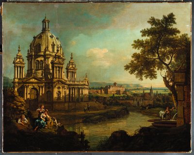 En capriccio med en kuppelkirke og bygninger i Pirna, ca. 1765 av Bernardo Bellotto