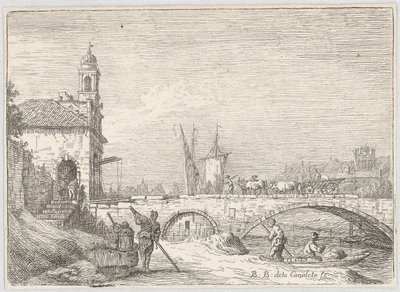 Capriccio med en bro og en portbygning i stil med Porta Portello i Padova av Bernardo Bellotto