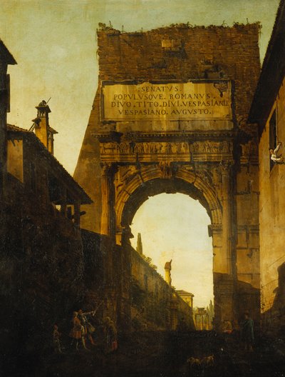 Titusbuen, Roma, med muren og porten til Farnese-hagene og tempelet til Castor og Pollux bortenfor, to turister i forgrunnen, av Bernardo Bellotto