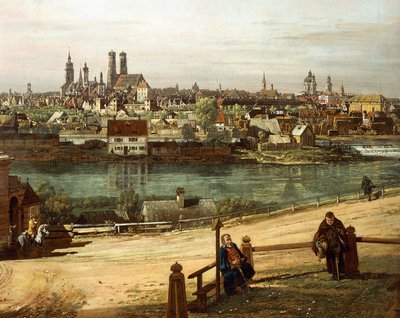 Utsikt over München fra Haidhausen med elven Isar i sentrum, detalj av Bernardo Bellotto