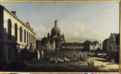 ""Utsikt over den nye markedsplassen i Dresden"" (Neumarkt i Dresden) Vi kan se Vår Frue kirke (Notre-Dame) (Frauenkirche) Maleri av Bernardo Bellotto (1720-1780) 1747 Dim. 134x236 cm Museum of the 