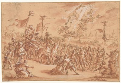 En hellig biskop kneler ved siden av prosesjonen til en romersk imperator av Bernardo Castello (attributed to)