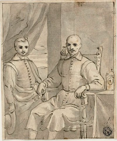 Portrett av en sittende prest og en stående gutt av Bernardo Castello