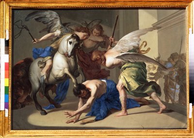""Utdrivelsen av Heliodorus fra tempelet"" (Utdrivelsen av Heliodorus fra tempelet) Heliodorus (Heliodoros) blir utvist fra templet for å ha forsøkt, etter ordre fra sin suveren, å gripe skattene i Jerusalems tempel. Maleri av Bernardo Cavallino av Bernardo Cavallino