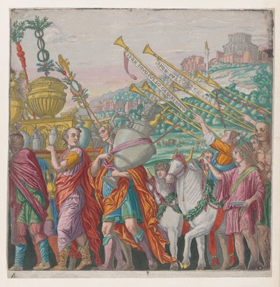 Ark 4: Menn som bærer trofeer til venstre, trompetister til høyre, fra The Triumph of Julius Ca..., 1599. av Bernardo Malpizzi