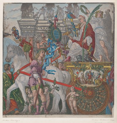 Ark 9: Julius Caesar i sin hestetrukne vogn, fra The Triumph of Julius Caesar, 1599. av Bernardo Malpizzi