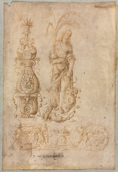 Design for en kandelaber, allegorisk figur av overflod, dekorativt relieffdesign av Bernardo Parentino