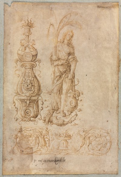 Design for en candelabrum, allegorisk figur av overflod, dekorativt relieffdesign, ca. 1490-tallet. av Bernardo Parentino
