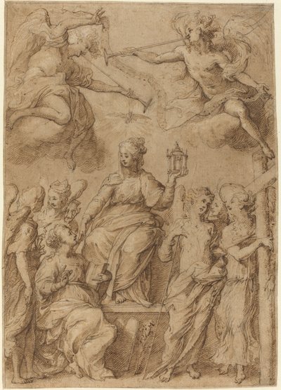 Ecclesia omgitt av engler som holder lidenskapens instrumenter av Bernardo Strozzi