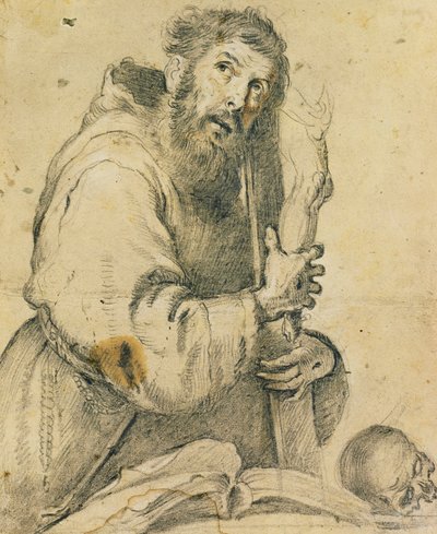 Saint Francis holder et krusifiks i armene; Saint Francis holder et kors i armene, av Bernardo Strozzi