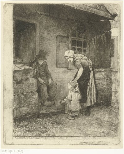 Kvinne med lite barn står med sittende gammel mann foran arbeiderens hus av Bernardus Johannes Blommers