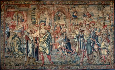 Ødipus syklus: Laios konsulterer oraklet i Delphi - I sentrum, med suiten sin, kneler han ved inngangen til templet - Til venstre, på en himmelseng, er Jocaste omgitt av damene ved hoffet hans som lærer ham forsvinningen av hans nye ne - av Bernart van (attr. to) Orley