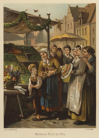 Scene i et marked (farge litho) av Bernhard Muhlig