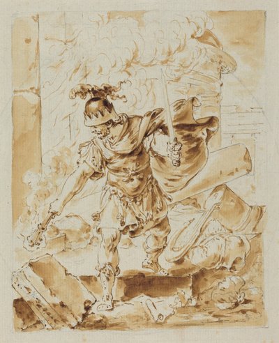 Alexander setter fyr på Persepolis (penn og brunt blekk med brun vask over grafitt på lagt papir) av Bernhard Rode