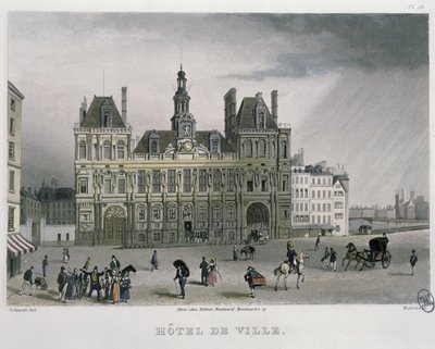 The Hotel de ville, Paris, 1832 (fargegravering) av Bernhard Schmidt