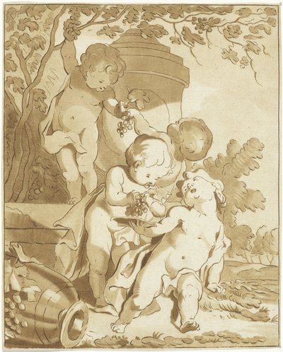 Fire drueplukkeputter ved en vase av Bernhard Schreuder