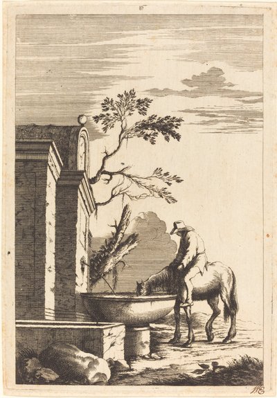 Hest og rytter ved en fontene av Bernhard Zaech after Jonas Umbach