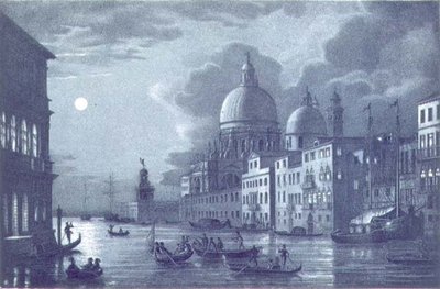 Nattscene av Canal Grande og Santa Maria della Salute, Venezia, gravert av Brizeghel (litho) av Berselli (after)
