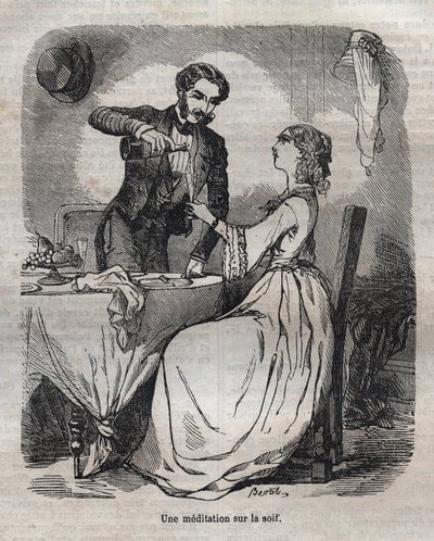 Meditasjon over tørst - gravering i "La Physiologie du gout"" av Jean Anthelme Brillat Savarin (Brillat-Savarin) av Bertall