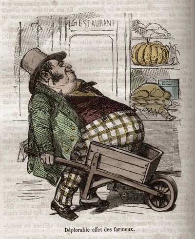 Obeite - Des Gourmands - beklagelig effekt des floureux - gravering i "La Physiologie du gout"" av Jean Anthelme Brillat Savarin (Brillat-Savarin av Bertall