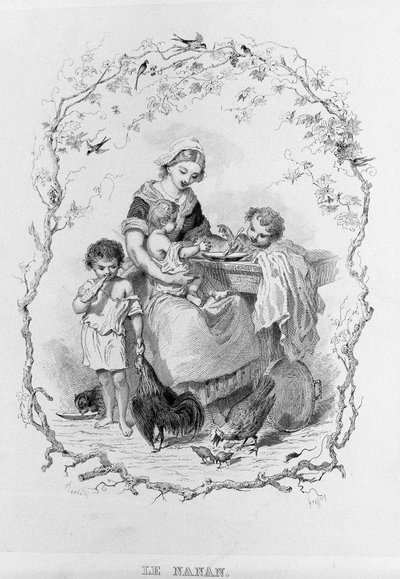 Nanan: en ung mor gir mat til sine tre barn i «La Physiologie du Gout»» av Brillat - Savarin illustrert av Bertal. Paris 1840. Jean Anthelme Brillat Savarin (Brillat-Savarin) (1755-1826) fransk gastronom. av Bertall