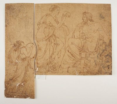 En ménade spiller på cymbaler. Nemesis leser menneskenes gjerninger høyt for Jupiter av Bertel Thorvaldsen