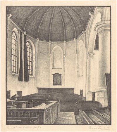 Waalsche Kerk i Delft (original tittel på objekt) av Bertha van Hasselt (signed by artist)