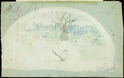 Vifte som viser Bougival, 1884 (olje, blyant og wc på silke) av Berthe Morisot