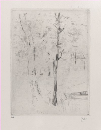 Landskaps-trestammer nær en elv, 1888. av Berthe Morisot