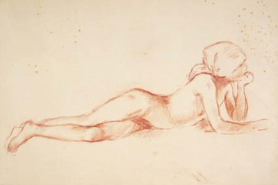 Liggende, naken ung jente med skjerf rundt hodet av Berthe Morisot