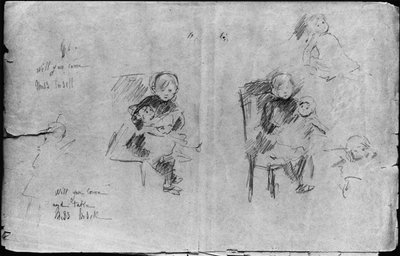 Studier for liten jente med en dukke, 1884 (svart bly på papir) av Berthe Morisot