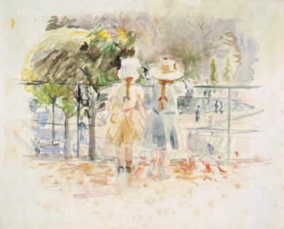 To små jenter på en balustrade ved innsjøen i Jardin des Tuileries, Paris av Berthe Morisot