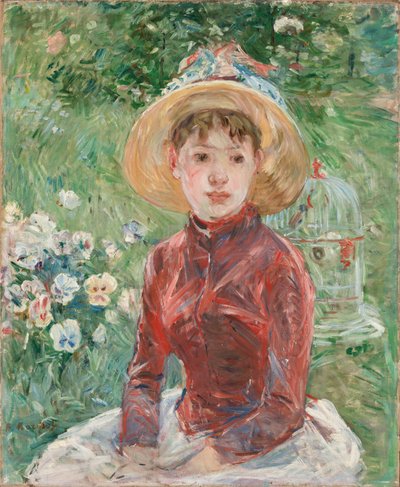 Ung jente på gresset, den røde bodice Mademoiselle Isabelle Lambert, 1885. av Berthe Morisot
