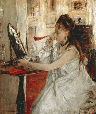 Ung kvinne pulveriserer ansiktet hennes (olje på lerret av Berthe Morisot